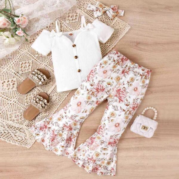 T- shirt with bow and floral print flare leg pants