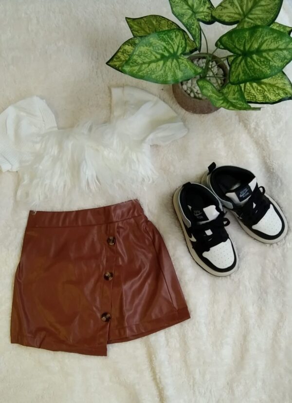 White blouse and camel leather Skirt